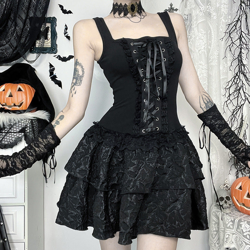 Dark Square-Neck Tie-Up Bodysuit