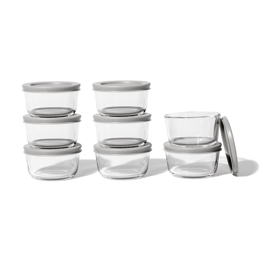 16 Piece Set (7Oz) Round Glass Storage Containers With Lids, Grey