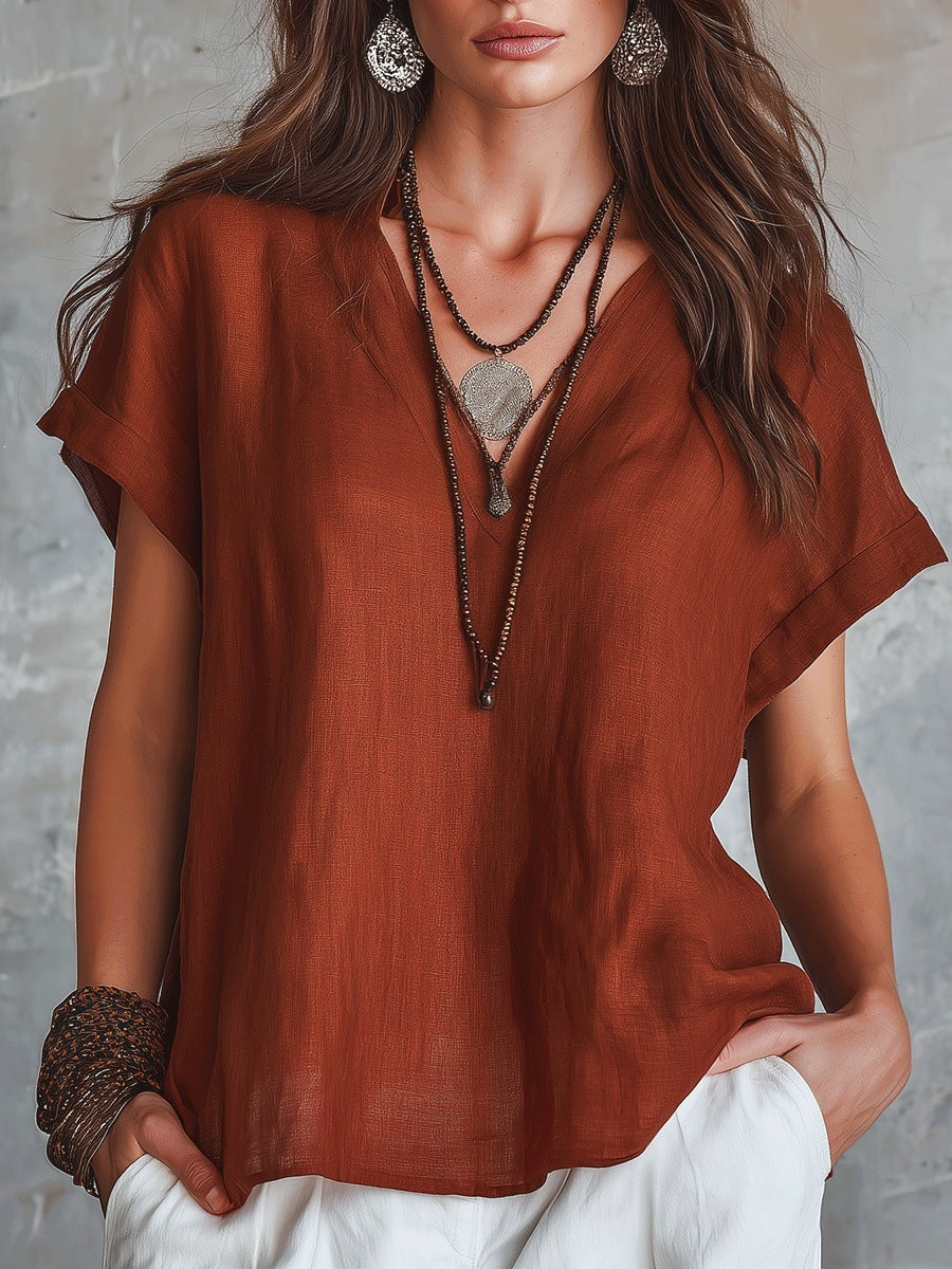 V-neck solid color women's top 2026, linen casual loose short-sleeved shirt