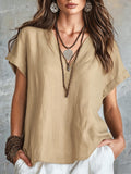 V-neck solid color women's top 2026, linen casual loose short-sleeved shirt