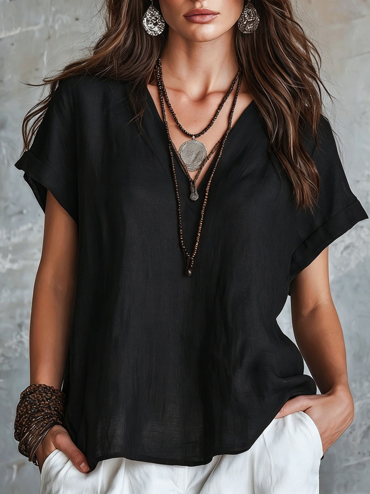 V-neck solid color women's top 2026, linen casual loose short-sleeved shirt