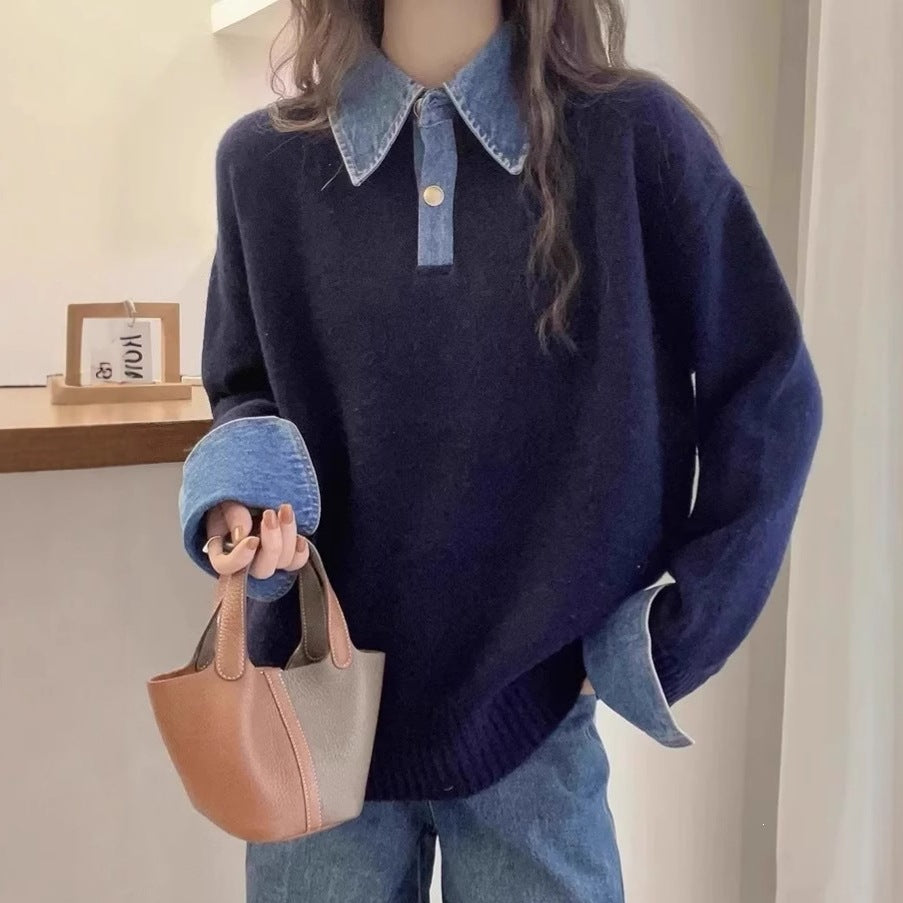 Color-Block Denim Patchwork Polo Sweater