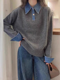 Color-Block Denim Patchwork Polo Sweater