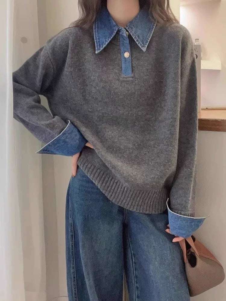 Color-Block Denim Patchwork Polo Sweater