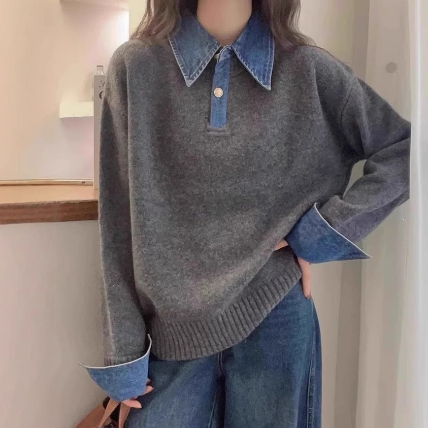 Color-Block Denim Patchwork Polo Sweater