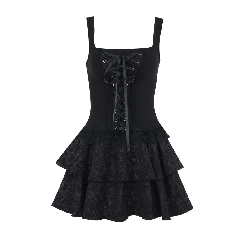 Dark Square-Neck Tie-Up Bodysuit