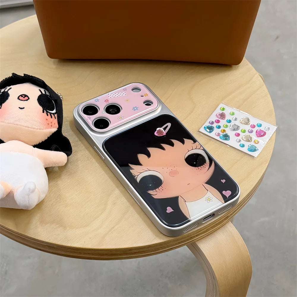 Kawaii Cartoon Girl Plated Phone Case for iPhone 17 16 15 14 Pro Max 16 Pro 17 Max Cover Cute Korean Cases Shockproof Funda Capa