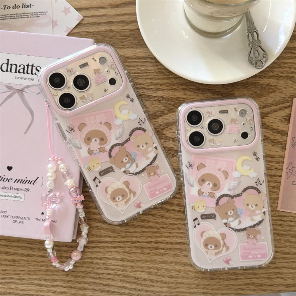 Kawaii Cartoon Rilakkuma Phone Case for iPhone 17 16 Pro 15 16 15 Pro Max 17Pro Cases With Chain New Shockproof Protective Cover