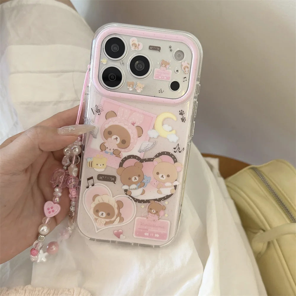 Kawaii Cartoon Rilakkuma Phone Case for iPhone 17 16 Pro 15 16 15 Pro Max 17Pro Cases With Chain New Shockproof Protective Cover