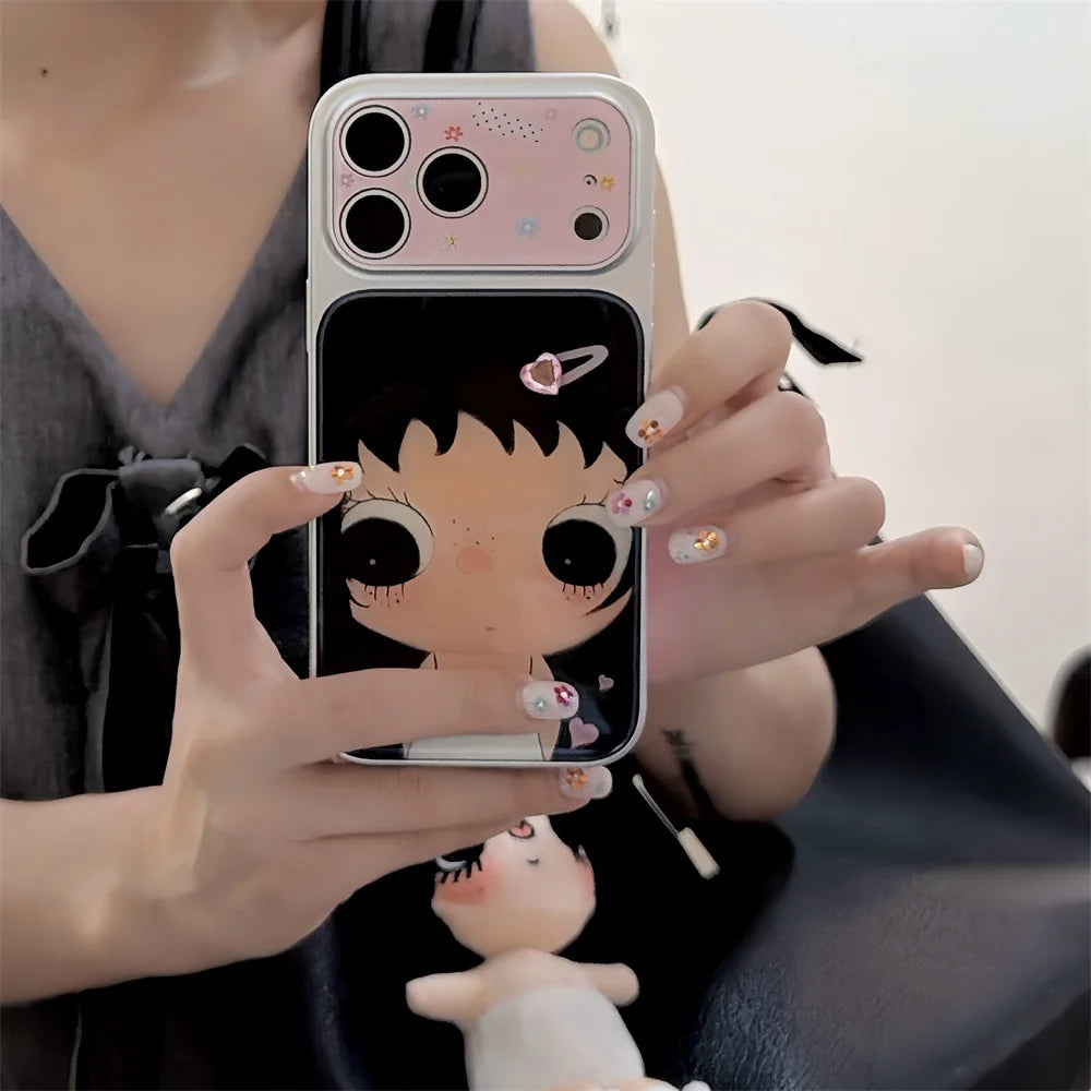 Kawaii Cartoon Girl Plated Phone Case for iPhone 17 16 15 14 Pro Max 16 Pro 17 Max Cover Cute Korean Cases Shockproof Funda Capa