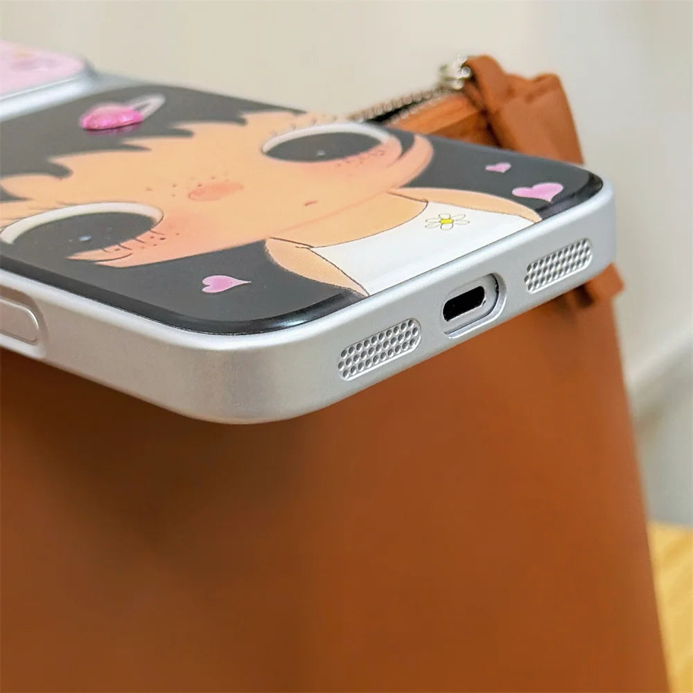 Kawaii Cartoon Girl Plated Phone Case for iPhone 17 16 15 14 Pro Max 16 Pro 17 Max Cover Cute Korean Cases Shockproof Funda Capa