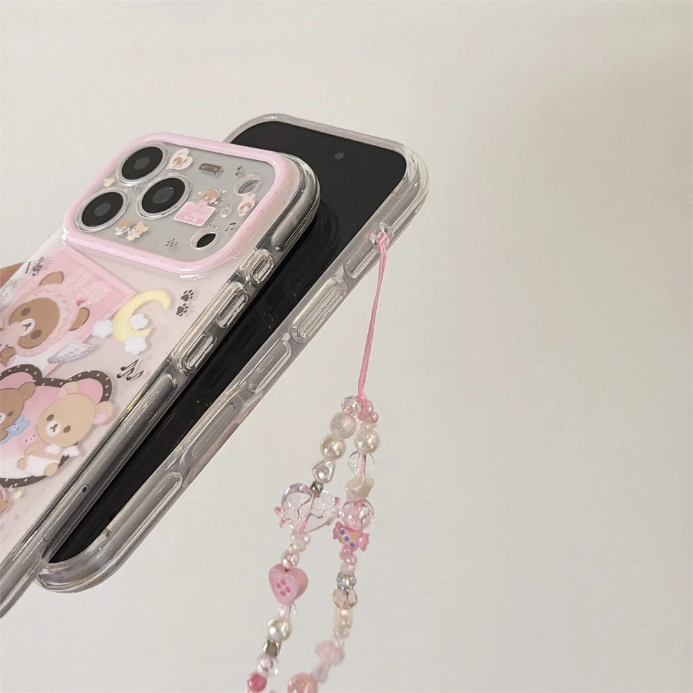 Kawaii Cartoon Rilakkuma Phone Case for iPhone 17 16 Pro 15 16 15 Pro Max 17Pro Cases With Chain New Shockproof Protective Cover