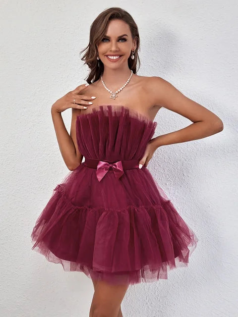 Pink Ruched Strapless Party Dress