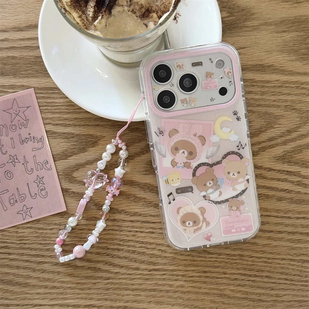 Kawaii Cartoon Rilakkuma Phone Case for iPhone 17 16 Pro 15 16 15 Pro Max 17Pro Cases With Chain New Shockproof Protective Cover