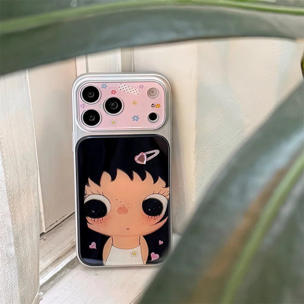 Kawaii Cartoon Girl Plated Phone Case for iPhone 17 16 15 14 Pro Max 16 Pro 17 Max Cover Cute Korean Cases Shockproof Funda Capa