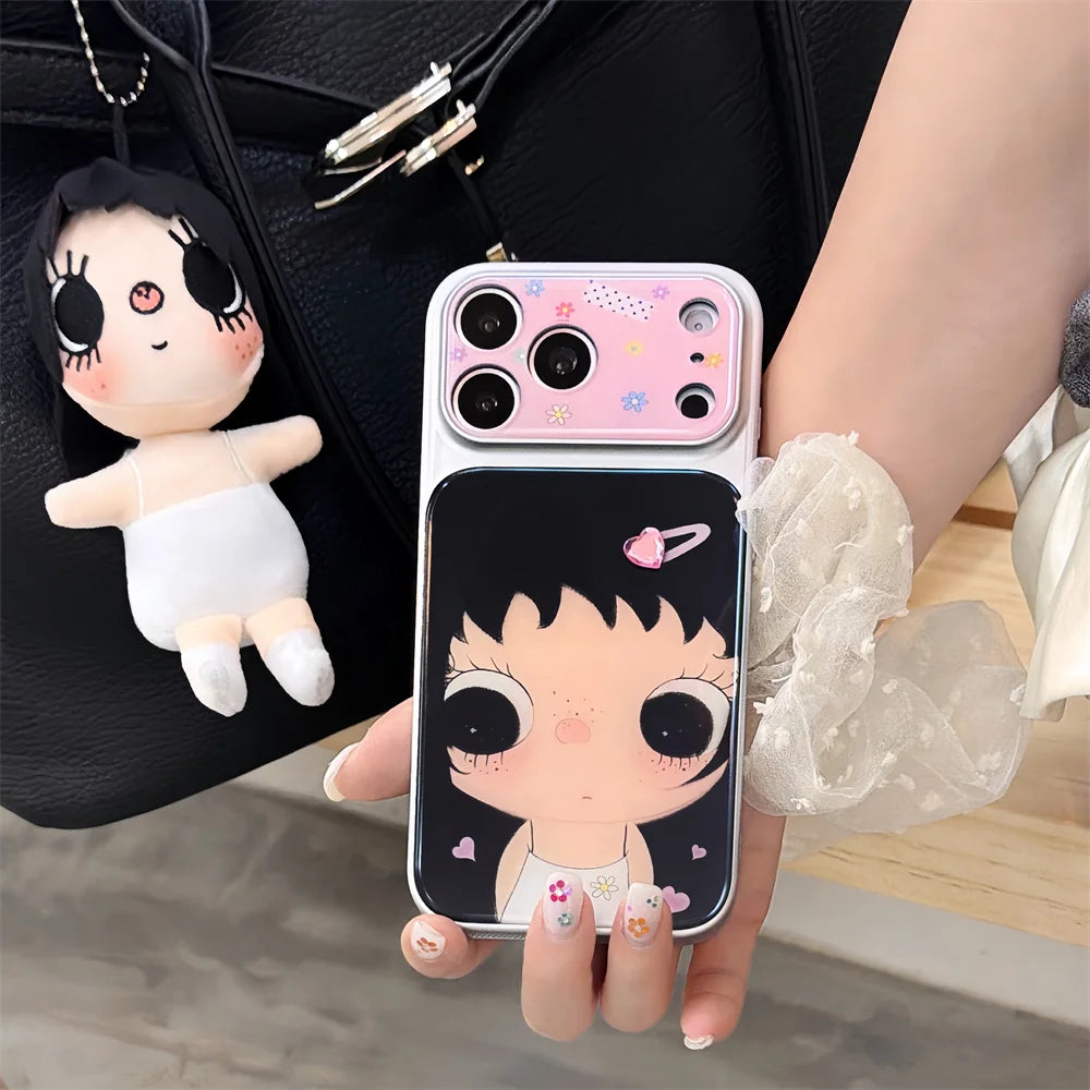 Kawaii Cartoon Girl Plated Phone Case for iPhone 17 16 15 14 Pro Max 16 Pro 17 Max Cover Cute Korean Cases Shockproof Funda Capa