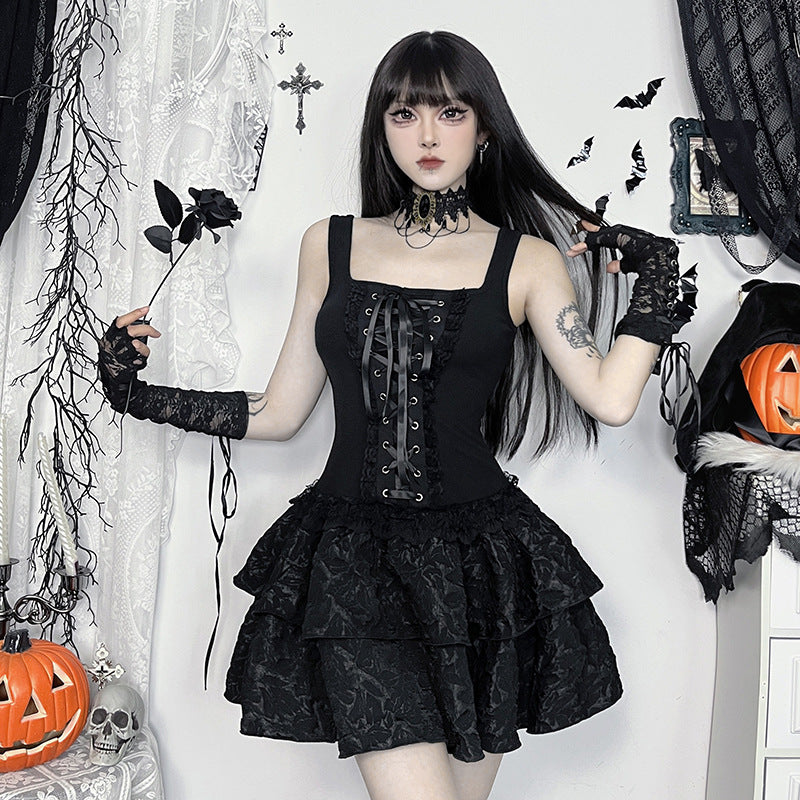 Dark Square-Neck Tie-Up Bodysuit
