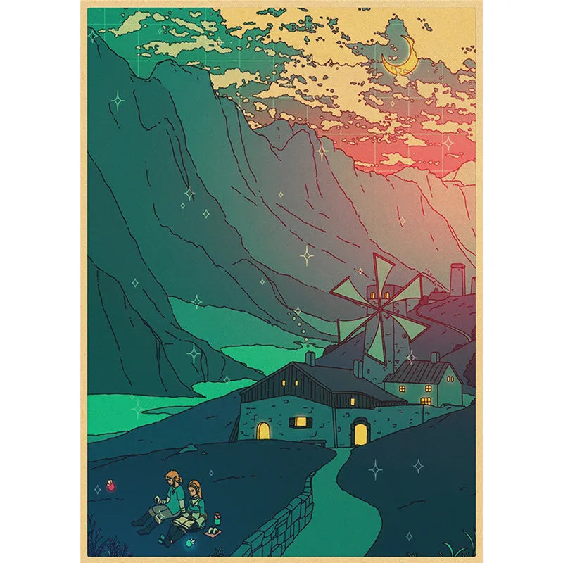 Comics Poster Prints Cartoon View Street Landscape Painting Wall Art Kraft Paper for Living Room Home Decor