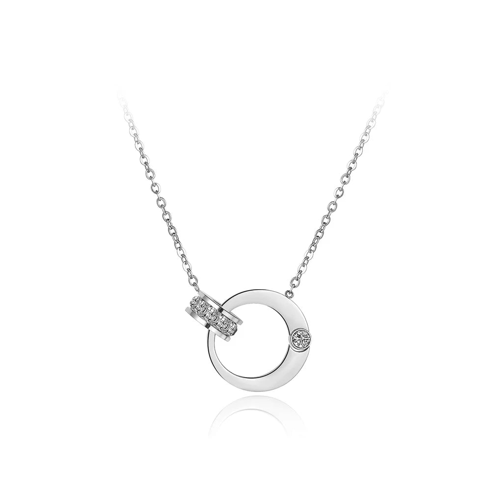 Women's Double-Circle Cubic Zirconia Stainless Steel Necklace