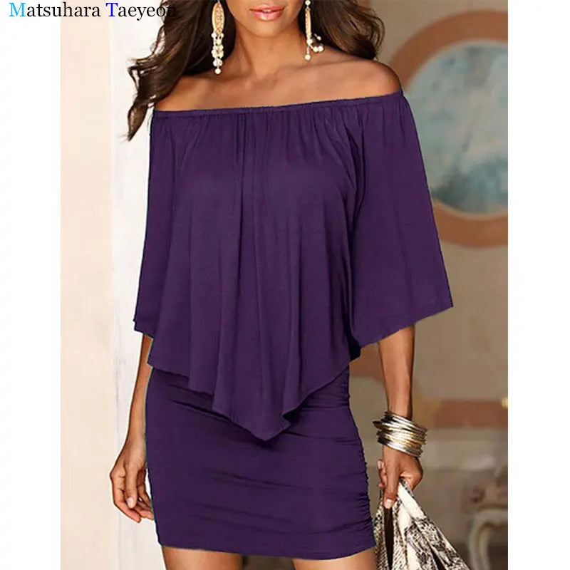 Women Sexy Off Shoulder Dress One Shoulder Batwing Sleeves T-shirt Dress Slash Neck Evening Party Dresses New Fashion