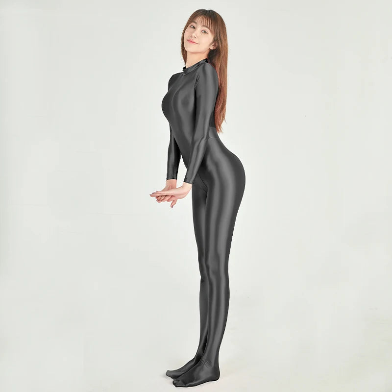 Women's Glossy Long-Sleeve Full-Length Jumpsuit