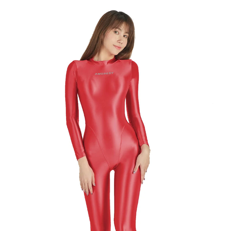 Women's Glossy Long-Sleeve Full-Length Jumpsuit