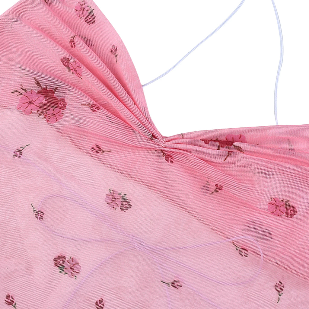 Pink Floral Y2K Backless Halter Crop Top