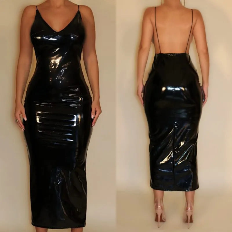 Sexy V Neck Latex Leather Dress Women Sleeveless Halter Hobble Dress Ladies Spaghetti Straps Backless Evening Party Dress Custom
