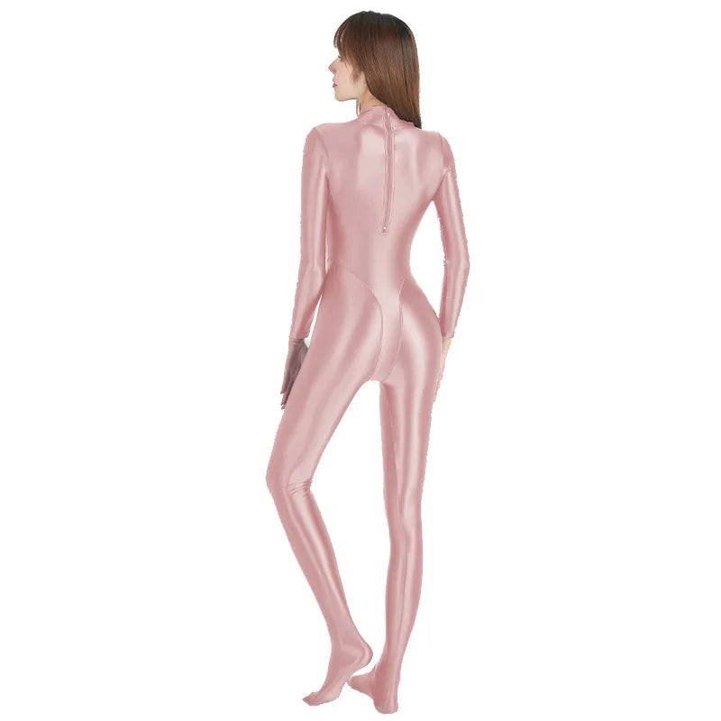 AMORESY Sexy Shiny Long Sleeve Full Length Oil Tights Smooth Running Overalls Yoga Zentai Casual Sport Suits Jumpsuits Catsuits