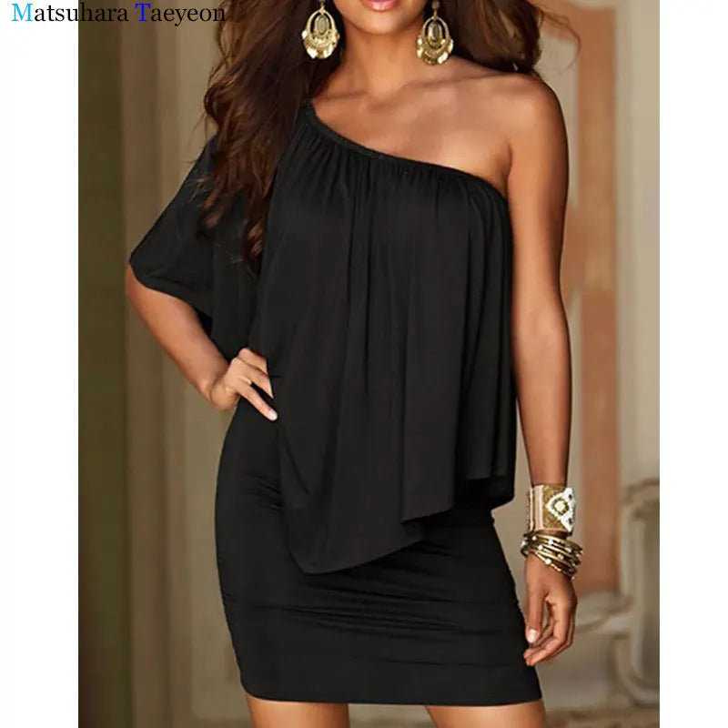 Women Sexy Off Shoulder Dress One Shoulder Batwing Sleeves T-shirt Dress Slash Neck Evening Party Dresses New Fashion
