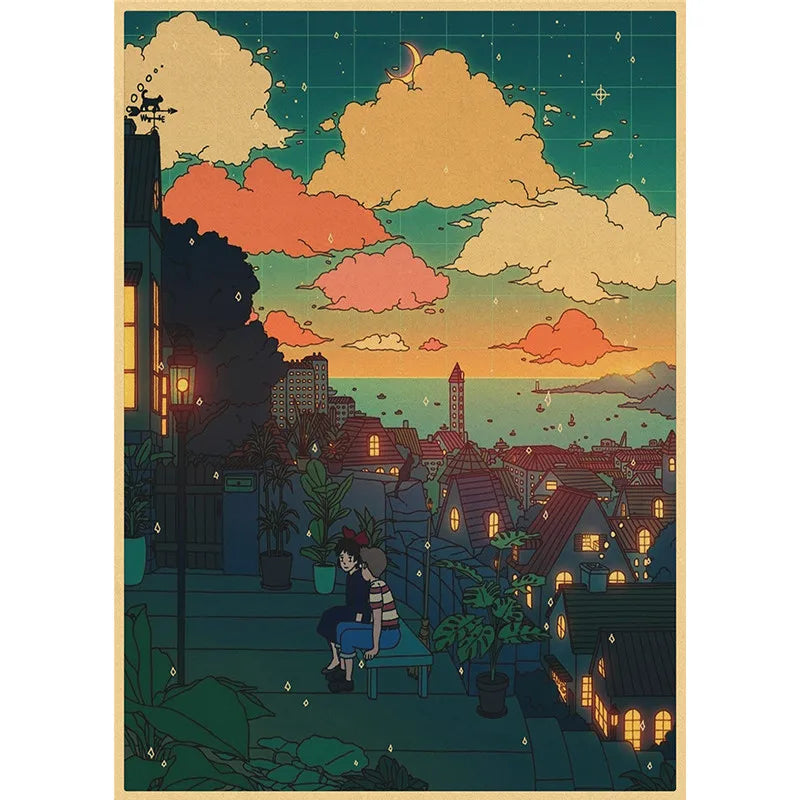 Comics Poster Prints Cartoon View Street Landscape Painting Wall Art Kraft Paper for Living Room Home Decor