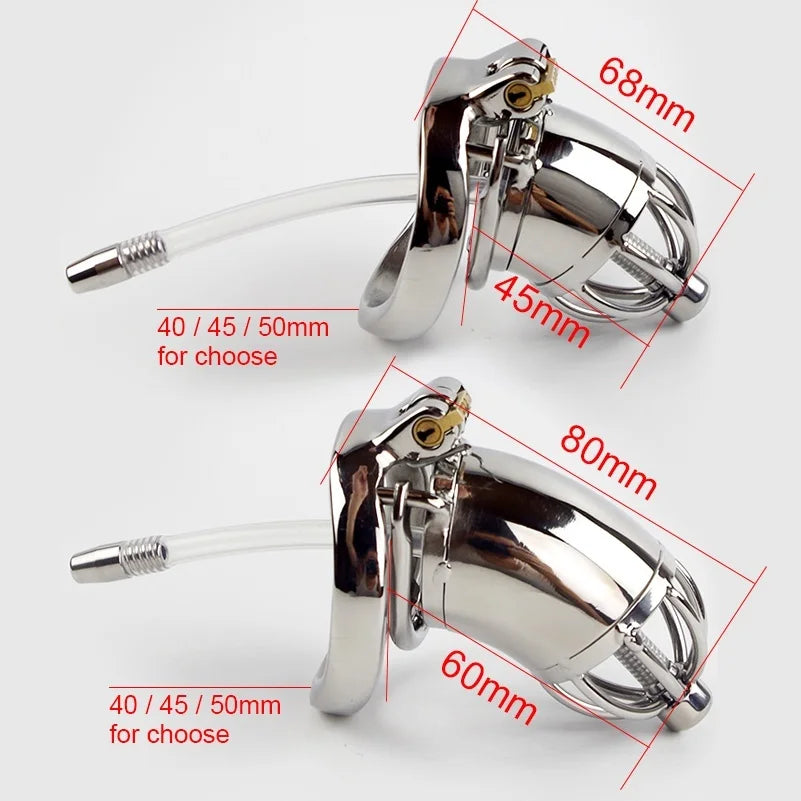 Stainless Steel Chastity Cage with Silicone Catheter