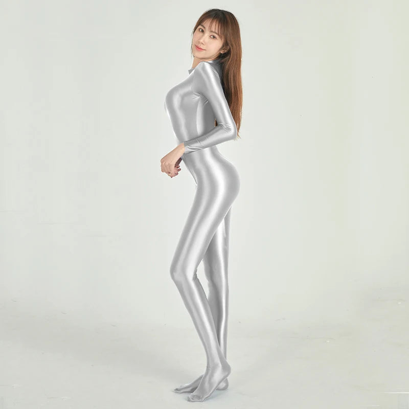 Women's Glossy Long-Sleeve Full-Length Jumpsuit