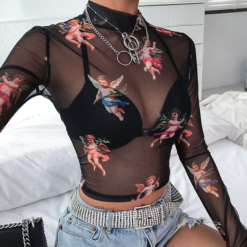 Sexy T-Shirt for Women See Through Transparent Mesh Tops Long Sleeve Sheer Slim Female clothing Fashion woman blouse 2023
