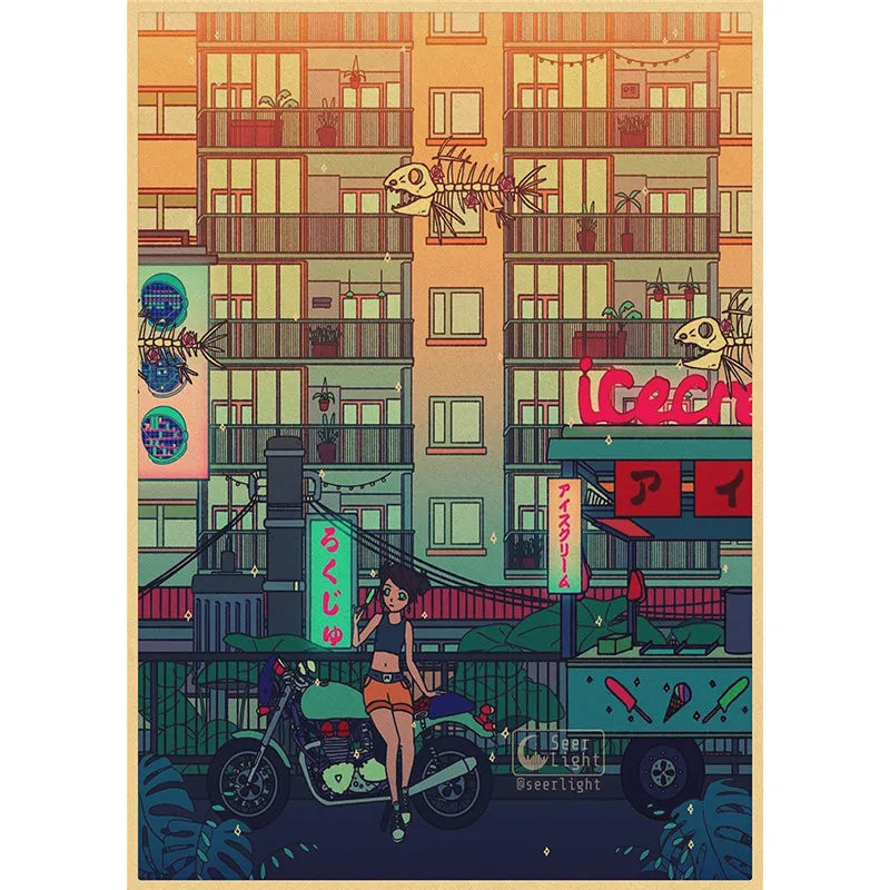 Comics Poster Prints Cartoon View Street Landscape Painting Wall Art Kraft Paper for Living Room Home Decor