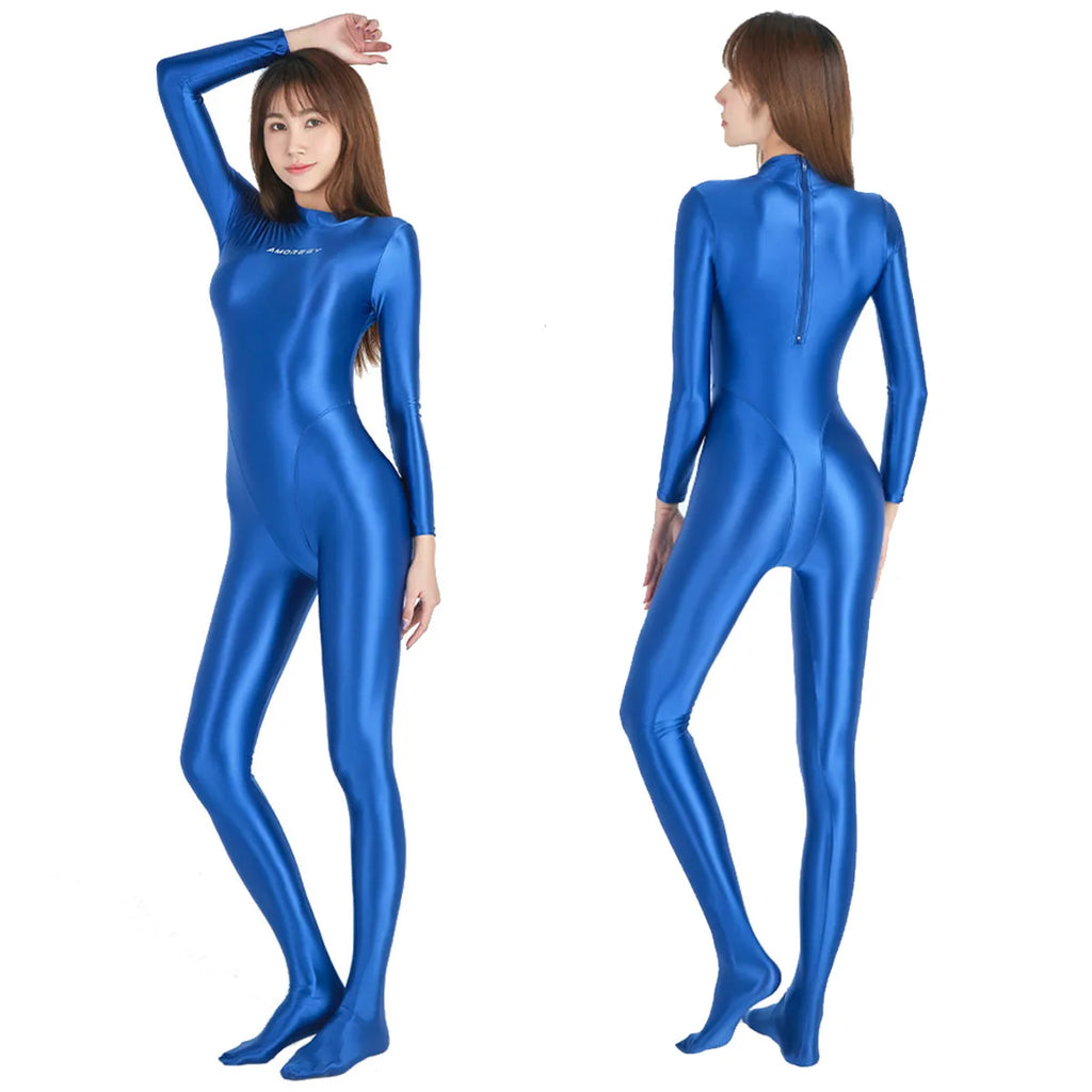 AMORESY Sexy Shiny Long Sleeve Full Length Oil Tights Smooth Running Overalls Yoga Zentai Casual Sport Suits Jumpsuits Catsuits