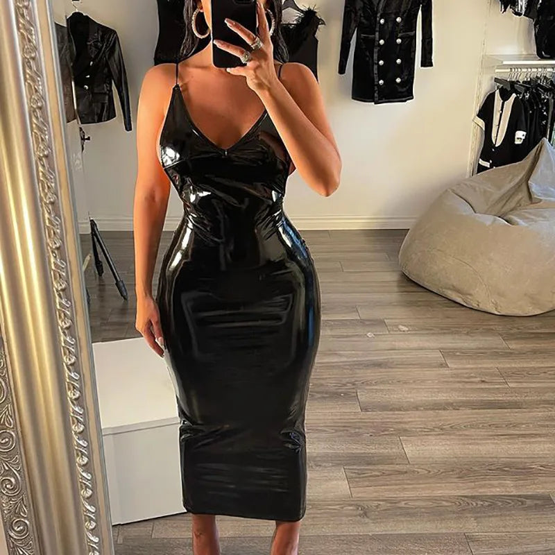Sexy V Neck Latex Leather Dress Women Sleeveless Halter Hobble Dress Ladies Spaghetti Straps Backless Evening Party Dress Custom