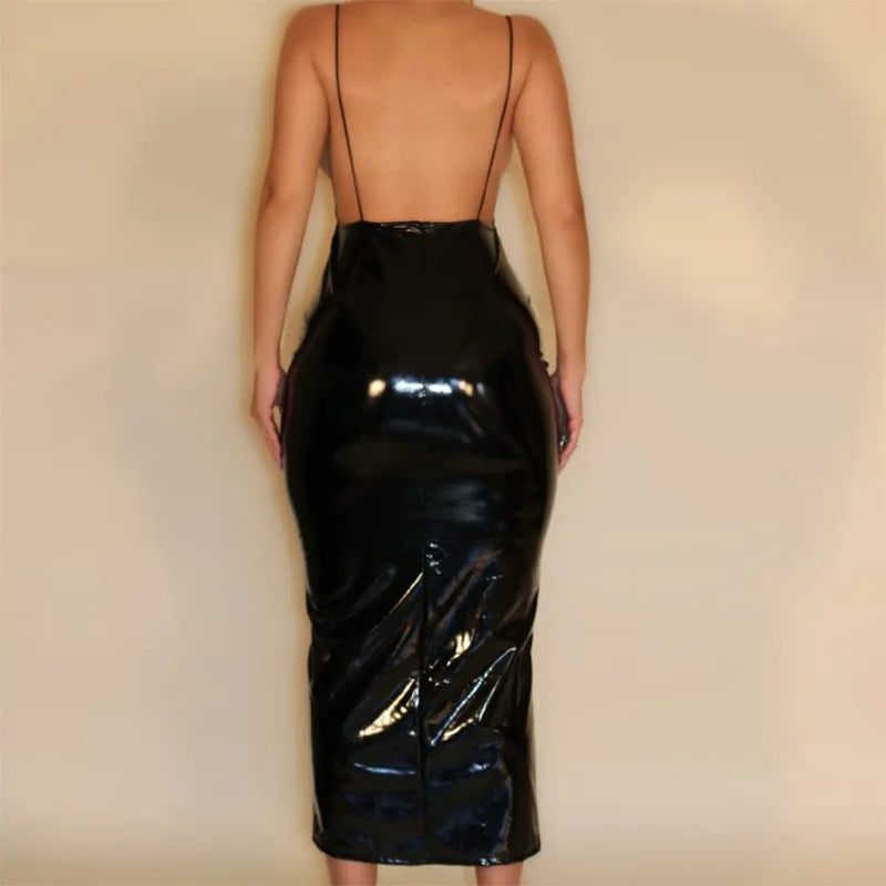 Sexy V Neck Latex Leather Dress Women Sleeveless Halter Hobble Dress Ladies Spaghetti Straps Backless Evening Party Dress Custom