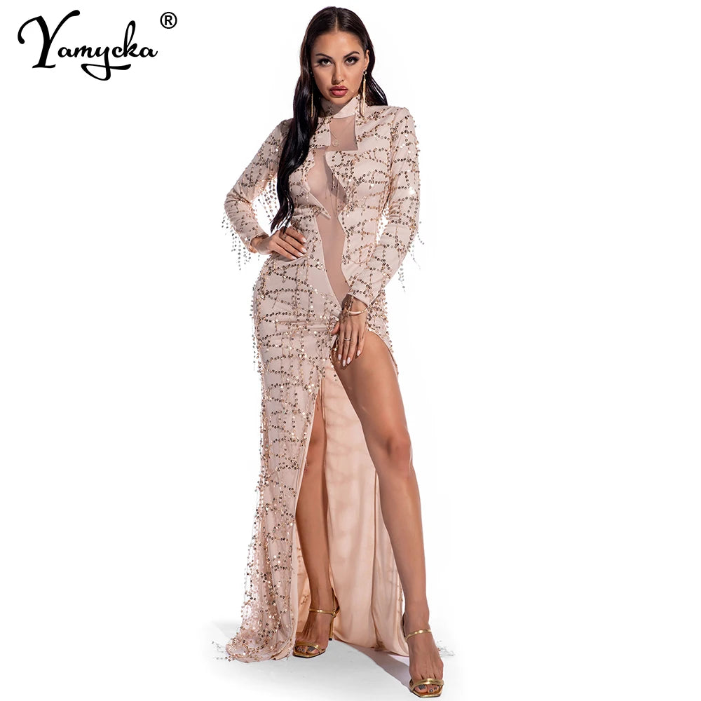 Sexy See Through Maxi Club Woman Autumn Summer Sequin Dress Women Party Night Glitter Bodycon Vintage Long Dress Ladies Dresses
