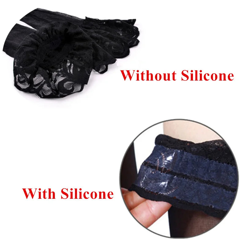 Sexy Thigh High Stockings Women's Lace Floral Top Silicone Hold Up Transparent Nylon Stockings Over Knee Pantyhose Hosiery