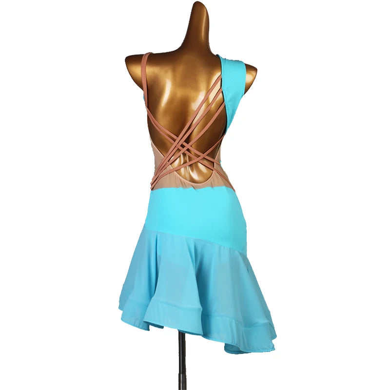 Sexy Latin Competition Dance Skirt Women New Professional Samba Latin Dancing Custome Adult Sky Blus Rumba Latin Dress