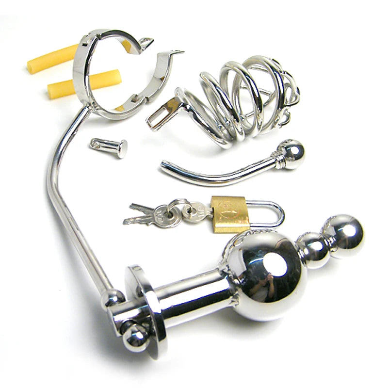 Stainless Steel Anal Plug & Chastity Cage Set