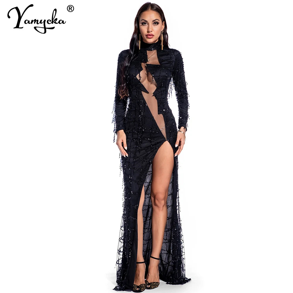 Sexy See Through Maxi Club Woman Autumn Summer Sequin Dress Women Party Night Glitter Bodycon Vintage Long Dress Ladies Dresses