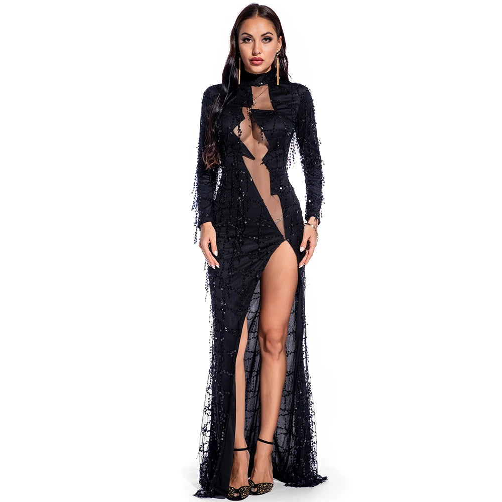 Sexy See Through Maxi Club Woman Autumn Summer Sequin Dress Women Party Night Glitter Bodycon Vintage Long Dress Ladies Dresses