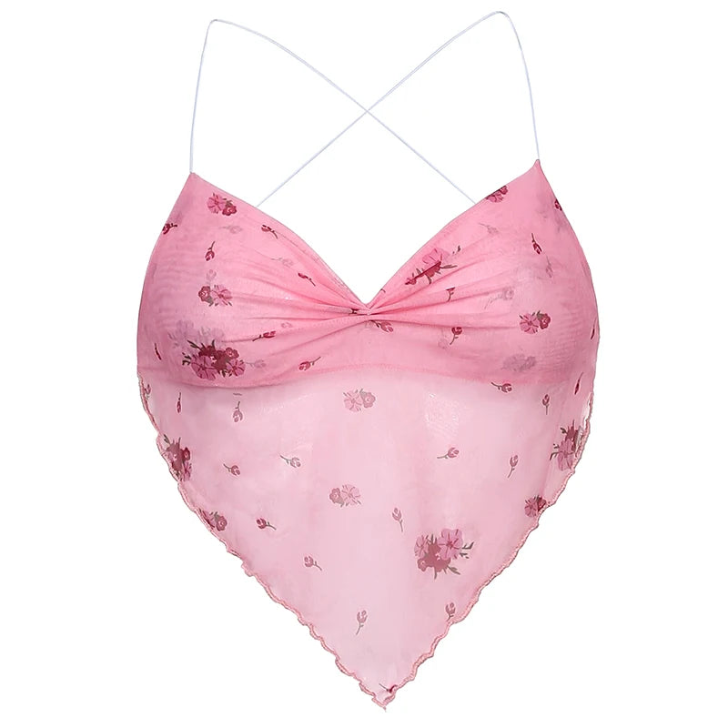 Pink Floral Y2K Backless Halter Crop Top