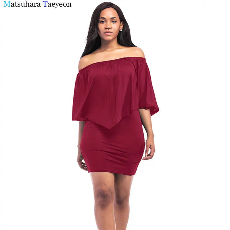 Women Sexy Off Shoulder Dress One Shoulder Batwing Sleeves T-shirt Dress Slash Neck Evening Party Dresses New Fashion
