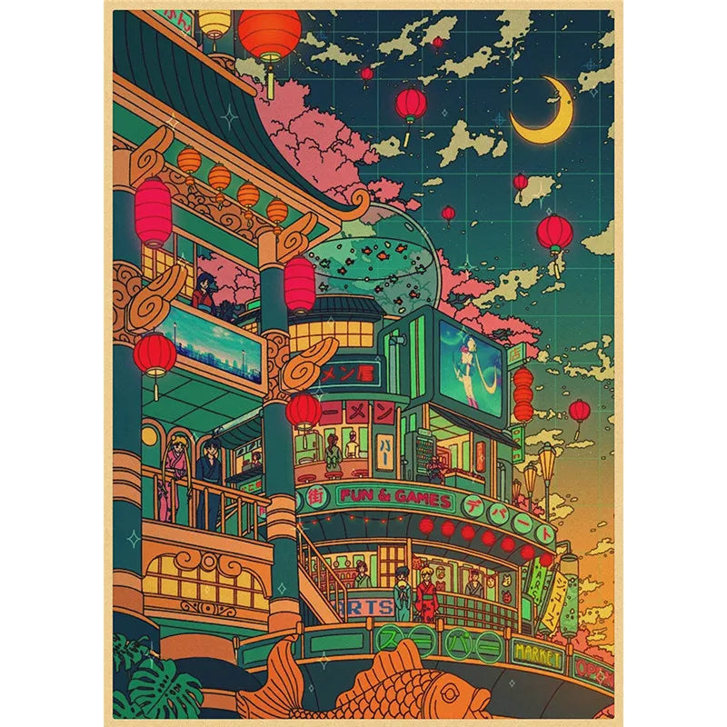 Comics Poster Prints Cartoon View Street Landscape Painting Wall Art Kraft Paper for Living Room Home Decor
