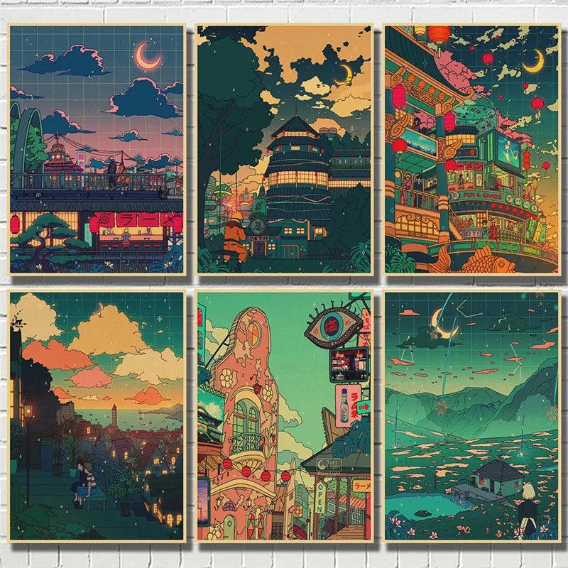 Comics Poster Prints Cartoon View Street Landscape Painting Wall Art Kraft Paper for Living Room Home Decor