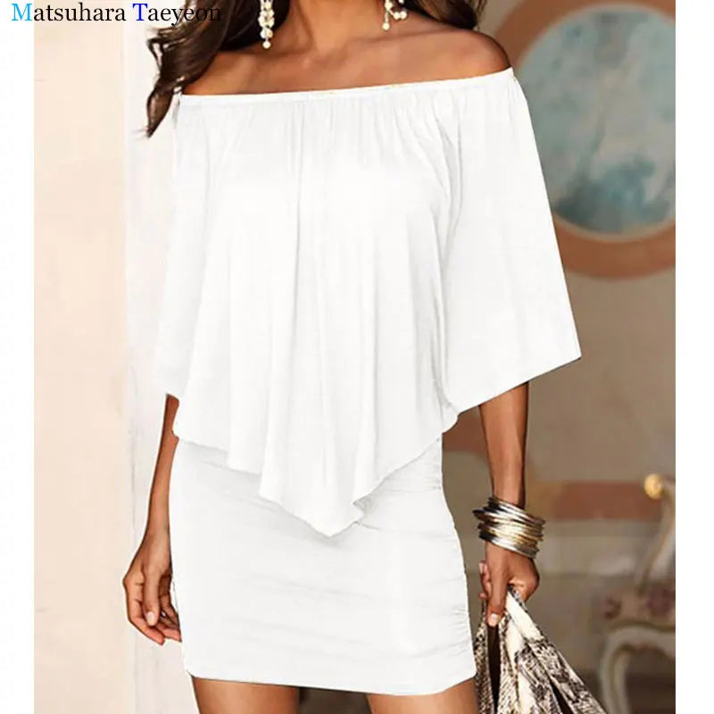 Women Sexy Off Shoulder Dress One Shoulder Batwing Sleeves T-shirt Dress Slash Neck Evening Party Dresses New Fashion