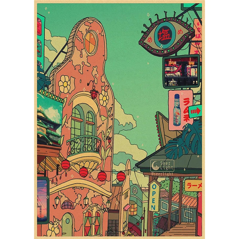 Comics Poster Prints Cartoon View Street Landscape Painting Wall Art Kraft Paper for Living Room Home Decor